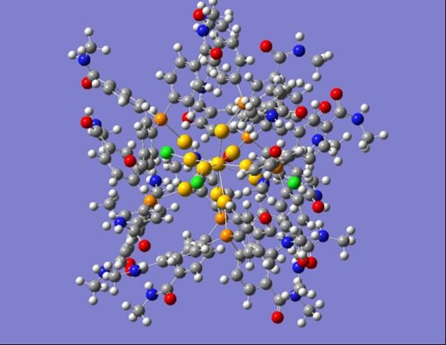 Structure calculée d'un nanoagrégat d'or ligandé (Au11(((PC6H4-CONH-CH3)3)7Cl3)